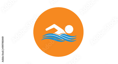 A stylized orange circle prominently features a white swimmer in a blue wave depicting aquatic activity