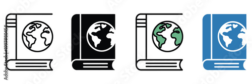 World geography icon, book with globe graphics, global education atlas encyclopedia symbols, international study vector design