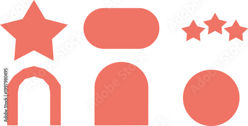 Coral red shapes set including star oval arch and circle on transparent background