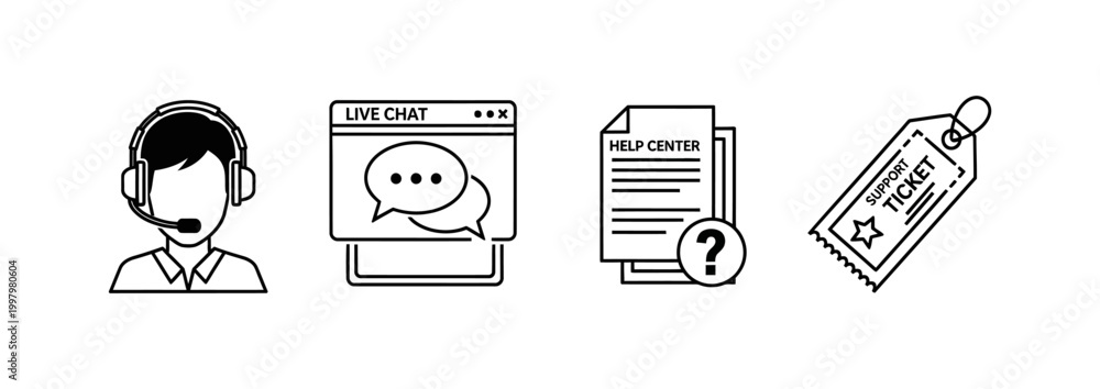 Fototapeta premium Customer service icons including headset, live chat, help document with question mark, and ticket