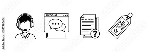 Customer service icons including headset, live chat, help document with question mark, and ticket