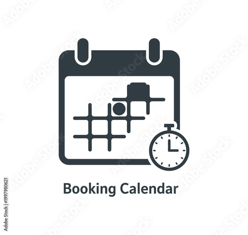 Vector icon illustration of a digital calendar with a clock, symbolizing appointment booking, event scheduling, and time management for efficient planning and organization