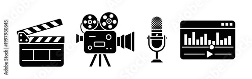 Essential collection of black silhouette icons representing modern digital media production, featuring tools for film, audio recording, and video editing for creative professionals