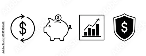 Financial Icons Dollar Sign, Piggy Bank, Growth Chart, and Security Shield