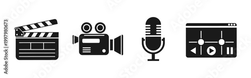 Essential digital tools and iconic symbols for professional film, video, and audio production, illustrating the comprehensive process of media content creation and editing