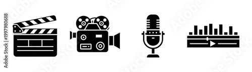 Essential icons for film and audio production. Features clapperboard, classic camera, studio microphone, and sound equalizer, perfect for creative media projects