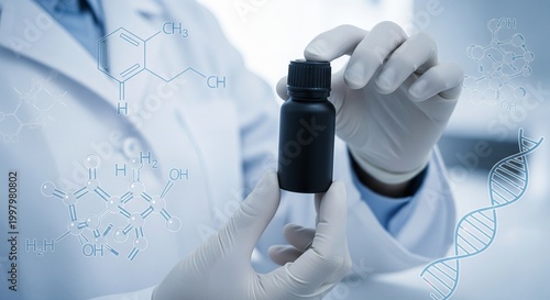 Scientist holding small bottle with chemical formulas and DNA strand overlay