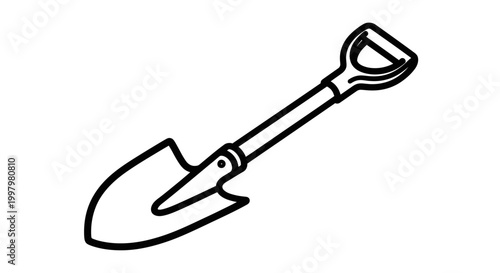 Black and white illustration of a shovel with a sturdy handle and pointed blade isolated on white.