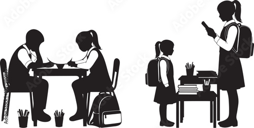 Silhouette of school children sitting and standing with desks and books.