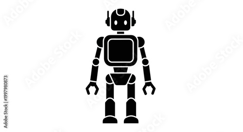 Minimalist black and white illustration of a humanoid robot with a rounded head and screen display. Futuristic and isolated design.