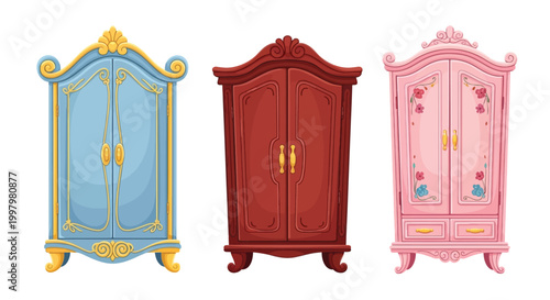 A colorful illustration depicting three ornate vintage wardrobes with detailed carvings and golden accents