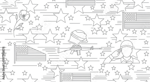 Patriotic coloring page pattern featuring a saluting soldier united states flags military equipment and many stars designed for remembrance day or veterans day celebration activities