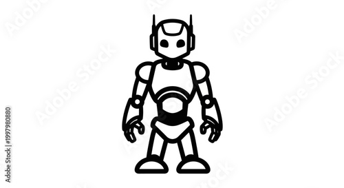 Simple black and white outline illustration of a humanoid robot with a rounded head and basic limbs. Isolated futuristic design.