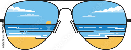 Stylish aviator sunglasses reflecting a tranquil beach scene with a golden sun setting over calm ocean waves and sandy shore.