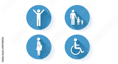 Four blue circular icons depict diverse people a man family pregnant woman and person in a wheelchair