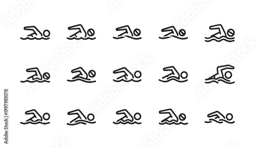 Set of fifteen swimmer icons on a white background during a swimming race