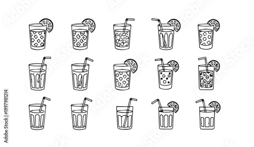 Set of hand-drawn beverage glasses with straws and citrus slices in a clean line art style