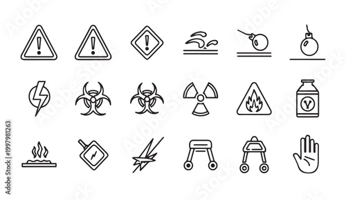 Set of linear hazard and warning symbols on a white background
