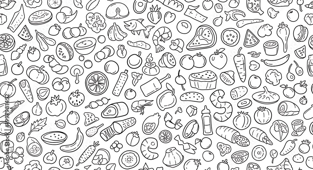 Fototapeta Seamless pattern with hand drawn food items and healthy ingredients in black and white sketch style