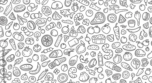 Seamless pattern with hand drawn food items and healthy ingredients in black and white sketch style
