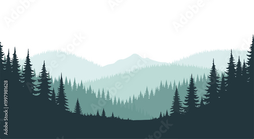 A serene forest landscape with towering trees and misty mountains