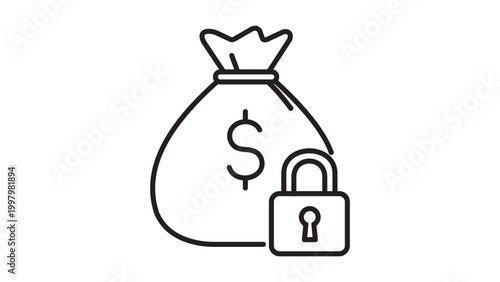 Minimalist black line vector icon of a money bag with a dollar sign and a padlock, representing financial security, savings, and anti-money laundering. Clean editable stroke vector illustration.