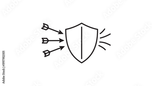 Foto Minimalist Black Line Vector Icon of a Shield Deflecting Arrows on a White Background, Representing Cybersecurity, DDoS Protection, and Defense with Editable Stroke and Adjustable Line Weight