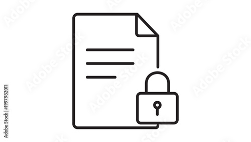 Document Lock and Secure File Protection Minimalist Vector Icon with Editable Stroke. Clean black line illustration of a locked paper document for data privacy, security, and web design projects.