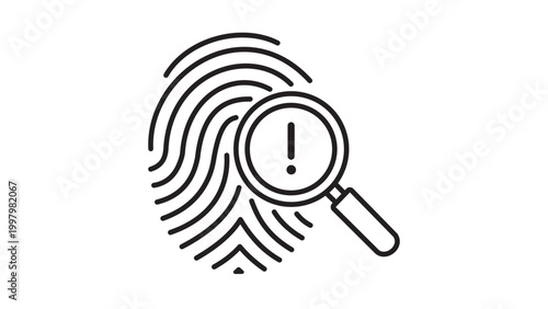 Fraud Detection and Identity Theft Prevention Editable Stroke Vector Icon. Minimalist Black Line Illustration of a Fingerprint with a Magnifying Glass and Warning Exclamation Mark on White.
