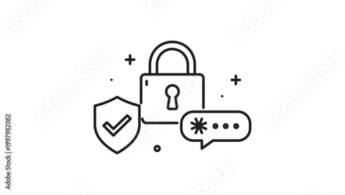 Cybersecurity and Data Protection Multi-Factor Authentication MFA Vector Icon Illustration with Padlock, Shield, and Password. Minimalist Black Line Art with Editable Stroke on White Background.