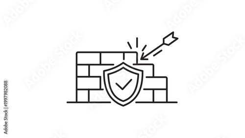 Intrusion Prevention and Network Security Firewall Editable Stroke Vector Icon Illustration Featuring a Protective Shield and Brick Wall Deflecting an Attack Arrow on a White Background.