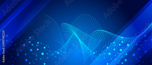 Abstract big data technology background with digital wave and network connections. Blue technology banner with particles effect.