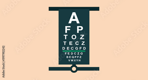 A simplified snellen eye chart is displayed against a light peach background testing visual acuity