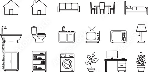 A collection of simple line art icons representing various household furniture and appliances