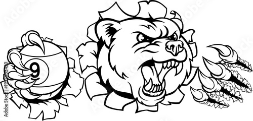 Bear nine ball pool sports mascot holding a 9 ball cartoon illustration