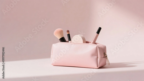 Minimalist pink makeup bag with beauty products on soft pink background