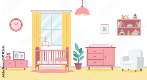A cheerfully decorated nursery features a pink lampshade crib and playful wall art high quality