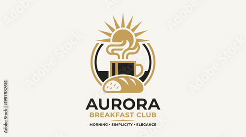 A modern simple breakfast icon of coffee cup and bread is served