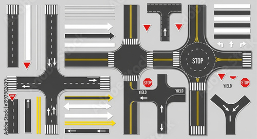 Collection of Road Intersection Elements and Traffic Signs.