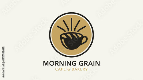 Elegant breakfast logo concept featuring stylized coffee mug on a morning grain cafe bakery sign