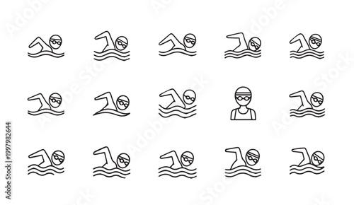 Swimmers line icons set on white background with gentle waves