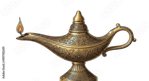 Antique ornate brass oil lamp with flame.