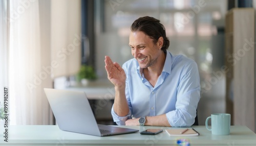 Online Connection: A relaxed man engages in a video call at home, demonstrating the ease and convenience of remote communication. Capturing a blend of modern lifestyle, work-life balance.