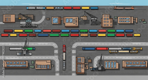 Aerial view of a busy train yard with many tracks and cargo trains.