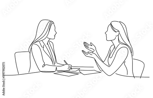 Tablou pe pânză Continuous line drawing of two women having a business meeting