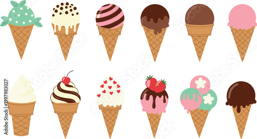 Colorful Ice Cream Cone Collection with Various Flavors and Toppings for Summer Dessert Design, Sweet Food Illustration, and Cute Cartoon Treat Graphics Set