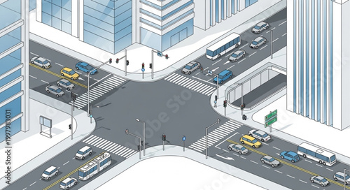Isometric City Intersection with Busy Traffic and Tall Buildings.