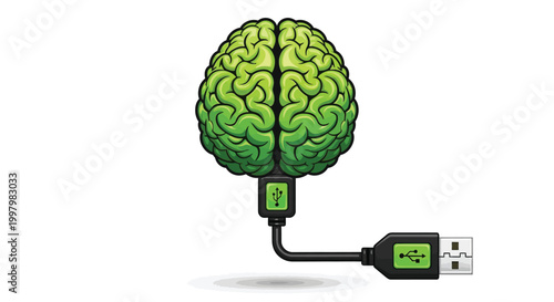 A vibrant green human brain is depicted connected to a black usb cable symbolizing data transfer