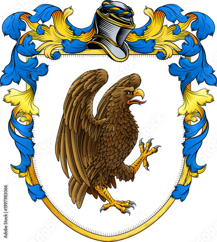 An eagle, hawk or falcon coat of arms or crest family heraldry medieval heraldic bird animal knight shield with helmet and acanthus filigree scroll ornament in a vintage woodcut style.
