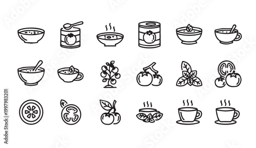 Tomato Icons Set With Fresh Ingredients and Prepared Dishes